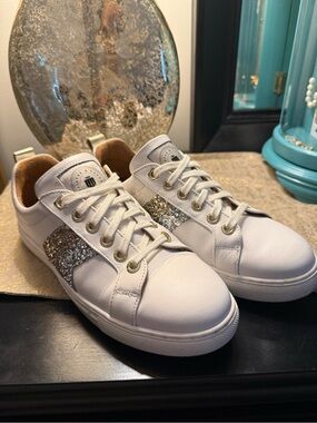 Fairfax and Favor Alexandra White Leather Women's Sneakers with Glitter Accent